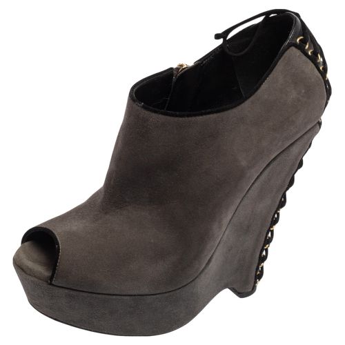 Saint Laurent Grey Suede Wedge Peep Toe Booties Size 38 - Saint Laurent Paris - Modalova