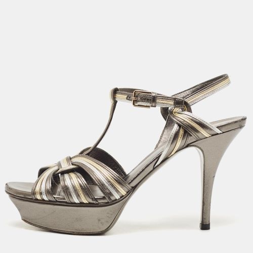 Saint Laurent Metallic Grey/White Leather Tribute Sandals Size 38 - Saint Laurent Paris - Modalova