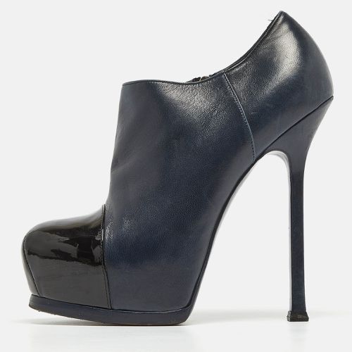 Yves Saint Laurent Navy Blue/Black Leather and Patent Leather Tribute Platform Ankle Booties Size 36 - Saint Laurent Paris - Modalova