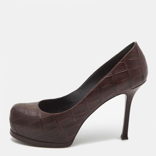 Saint Laurent Paris Brown Croc Embossed Leather Tribtoo Platform Pumps Size 37 - Saint Laurent Paris - Modalova