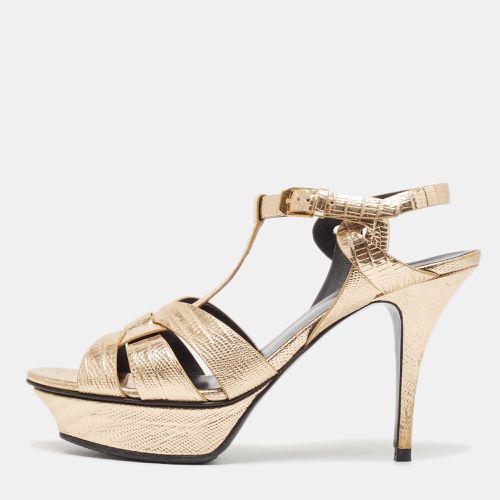 Saint Laurent Paris Gold Lizard Embossed Leather Tribute Platform Ankle Strap Sandals Size 39 - Saint Laurent Paris - Modalova