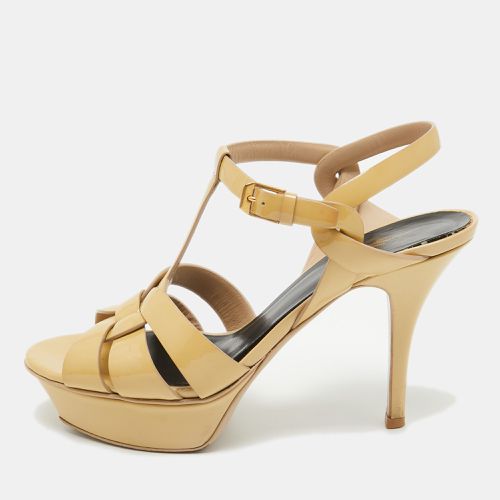 Saint Laurent Paris Beige Patent Leather Tribute Platform Ankle Strap Sandals Size 36.5 - Saint Laurent Paris - Modalova