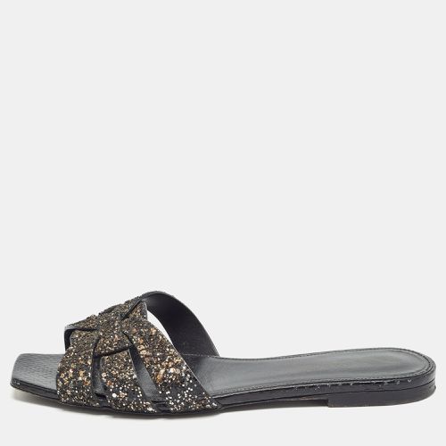 Saint Laurent Black Coarse Glitter Tribute Flat Slides Size 37 - Saint Laurent Paris - Modalova