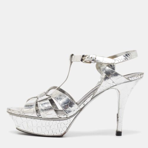 Saint Laurent Silver Croc Embossed Leather Tribute Sandals Size 37.5 - Saint Laurent Paris - Modalova