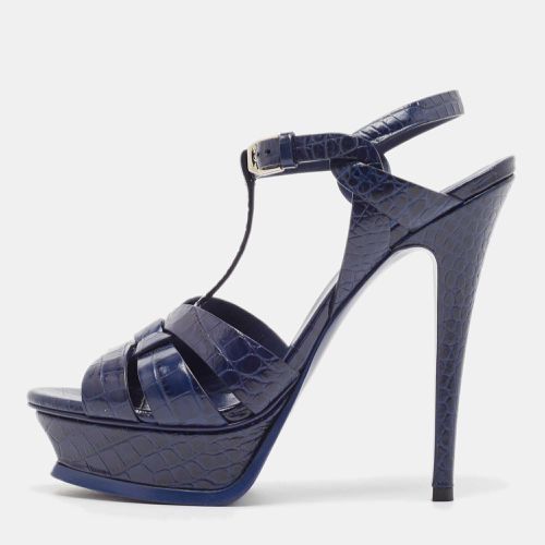 Saint Laurent Paris Navy Blue Croc Embossed Leather Tribute Platform Ankle Strap Sandals Size 38.5 - Saint Laurent Paris - Modalova