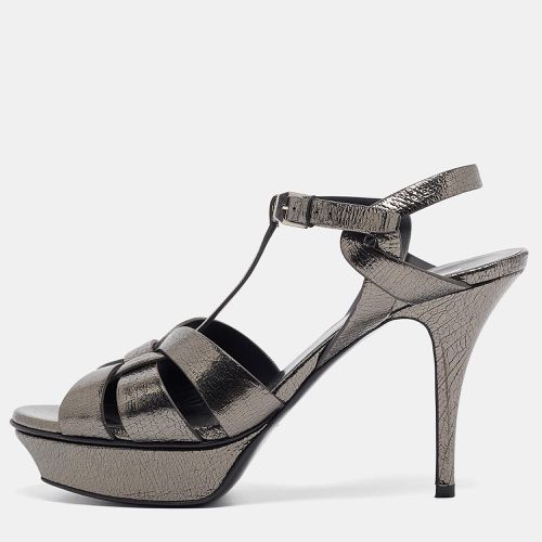 Saint Laurent Metallic Grey Textured Leather Tribute Sandals Size 41 - Saint Laurent Paris - Modalova