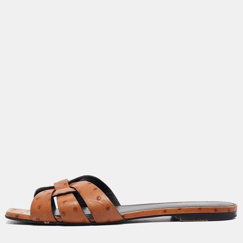 Saint Laurent Brown Ostrich Tribute Flat Slides Size 40 - Saint Laurent Paris - Modalova