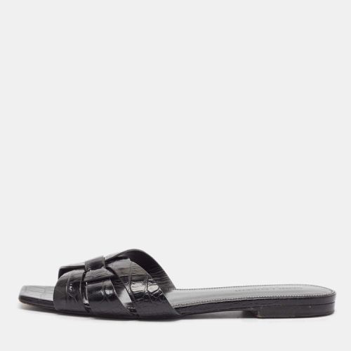 Saint Laurent Black Croc Embossed Leather Tribute Flat Slides Size 37.5 - Saint Laurent Paris - Modalova