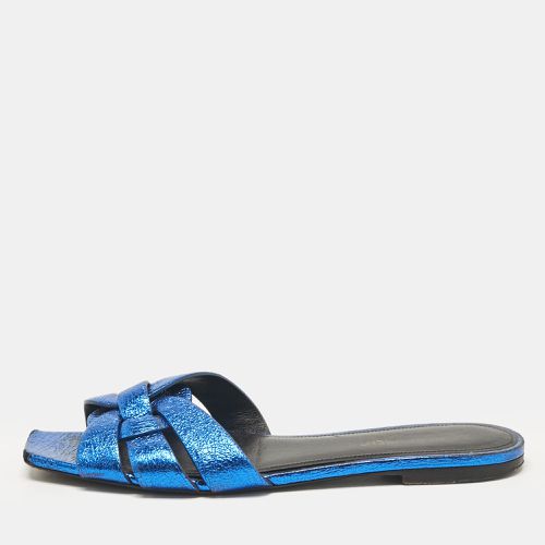 Saint Laurent Metallic Blue Leather Tribute Flat Slides Size 38.5 - Saint Laurent Paris - Modalova