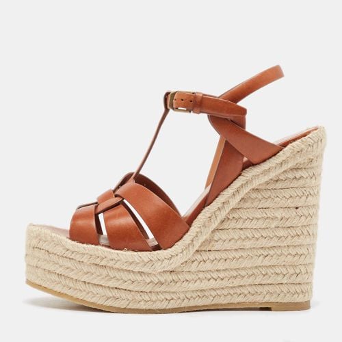 Saint Laurent Tan Leather Tribute Wedge Espadrille Sandals Size 37 - Saint Laurent Paris - Modalova