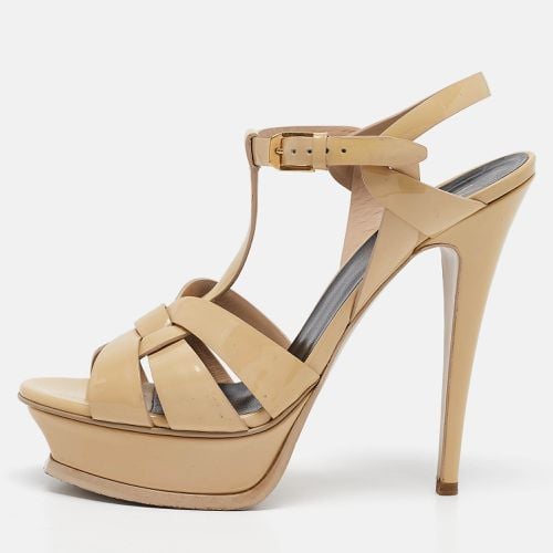 Saint Laurent Beige Patent Leather Tribute Platform Sandals Size 39 - Saint Laurent Paris - Modalova