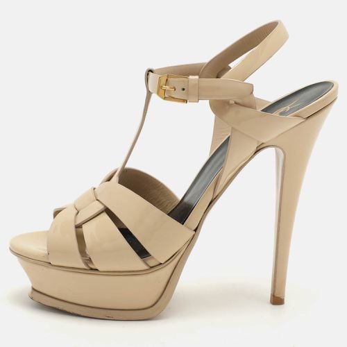 Saint Laurent Beige Patent Leather Tribute Ankle Strap Sandals Size 38 - Saint Laurent Paris - Modalova