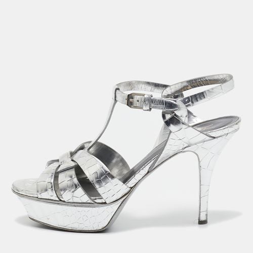 Saint Laurent Sliver Croc Embossed Leather Tribute Platform Sandals Size 38.5 - Saint Laurent Paris - Modalova