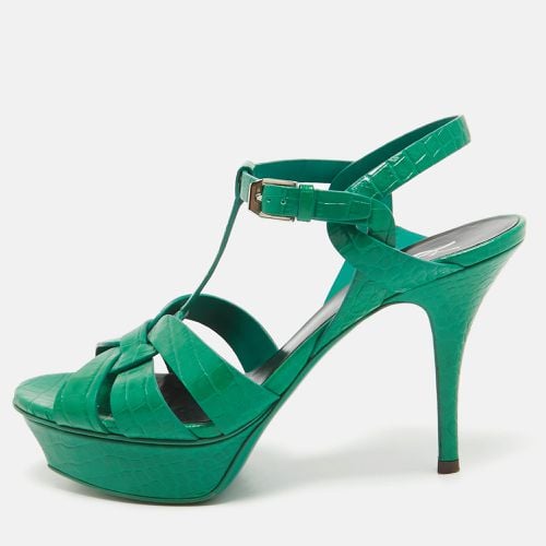 Saint Laurent Green Croc Embossed Leather Tribute Platform Sandals Size 37.5 - Saint Laurent Paris - Modalova