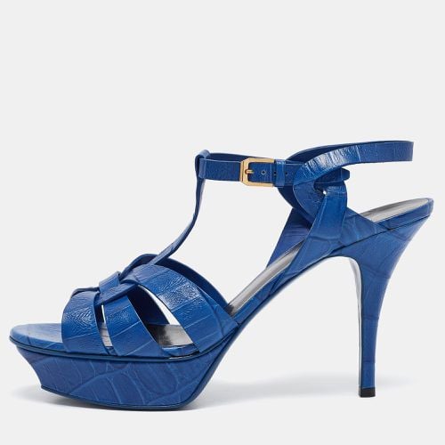 Saint Laurent Blue Croc Embossed Leather Tribute Ankle Strap Sandals Size 40.5 - Saint Laurent Paris - Modalova