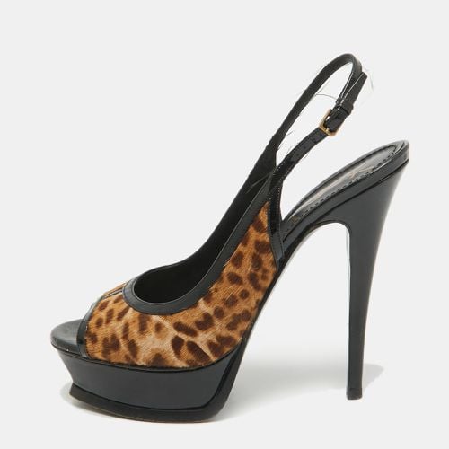 Saint Laurent Black/Brown Calf Hair and Patent Leather Peep Toe Pumps Size 37.5 - Saint Laurent Paris - Modalova