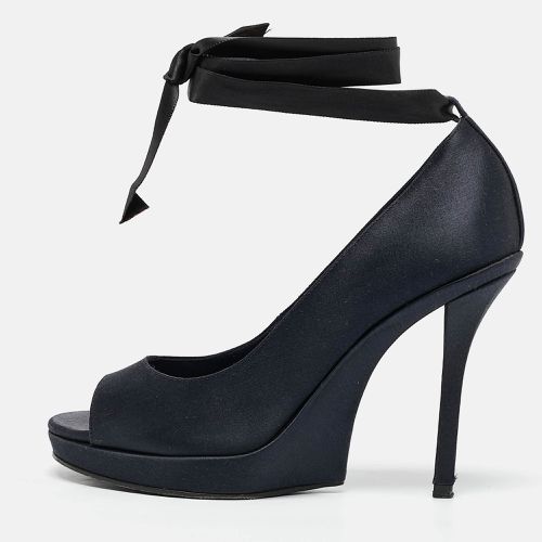 Saint Laurent Navy Blue Satin Open Toe Ankle Wrap Platform Pumps Size 37 - Saint Laurent Paris - Modalova