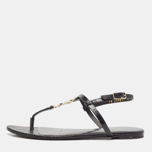 Saint Laurent Black Croc Embossed Leather Cassandra Flat Sandals Size 39 - Saint Laurent Paris - Modalova