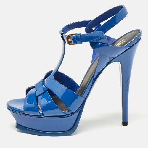 Saint Laurent Blue Patent Leather Tribute Platform Ankle Strap Sandals Size 38 - Saint Laurent Paris - Modalova