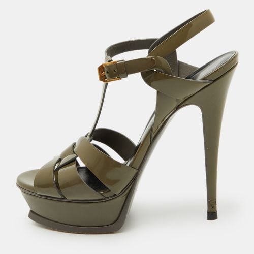 Saint Laurent Olive Green Patent Leather Tribute Platform Sandals Size 38 - Saint Laurent Paris - Modalova