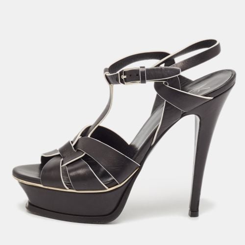 Saint Laurent Black/White Leather Tribute Ankle Strap Sandals Size 37.5 - Saint Laurent Paris - Modalova