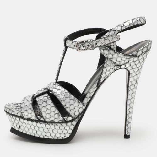 Saint Laurent Paris Silver Python Embossed Leather Tribute Platform Sandals Size 38.5 - Saint Laurent Paris - Modalova