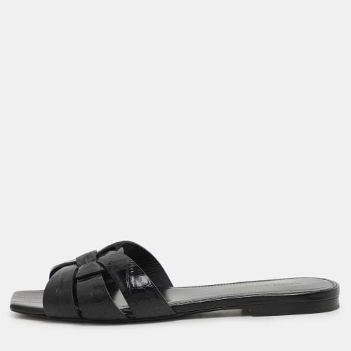 Saint Laurent Black Croc Embossed Leather Tribute Slide Sandals Size 35 - Saint Laurent Paris - Modalova