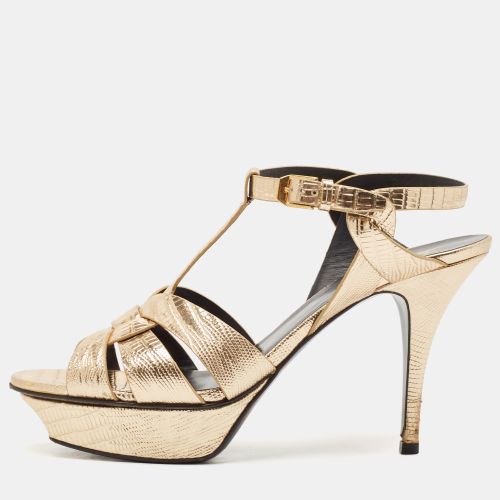 Saint Laurent Gold Lizard Embossed Leather Tribute Ankle Strap Sandals Size 39.5 - Saint Laurent Paris - Modalova