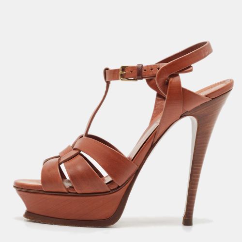 Saint Laurent Brown Leather Tribute Platform Ankle Strap Sandals Size 38 - Saint Laurent Paris - Modalova