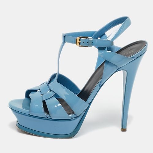 Saint Laurent Blue Patent Leather Tribute Platform Ankle Strap Sandals Size 38 - Saint Laurent Paris - Modalova