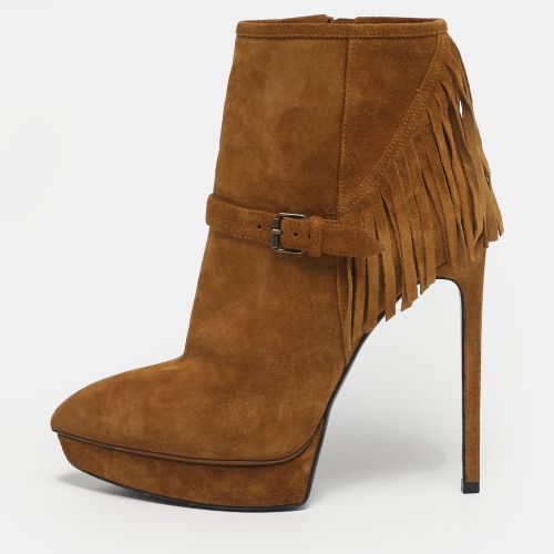 Saint Laurent Size 38 Brown Suede western fringe Platform Ankle Length Boots - Saint Laurent Paris - Modalova