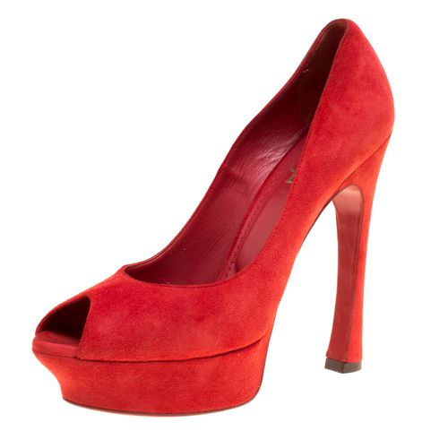 Saint Laurent Red Suede Palais Platform Peep Toe Pumps Size 40 - Saint Laurent Paris - Modalova