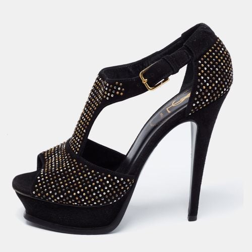 Saint Laurent Paris Black Studded Suede T-Strap Peep Toe Platform Sandals Size 38.5 - Saint Laurent Paris - Modalova