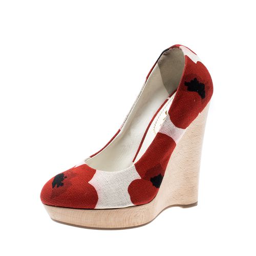 Saint Laurent Paris Red And White Printed Canvas Wedge Platform Pumps Size 35.5 - Saint Laurent Paris - Modalova