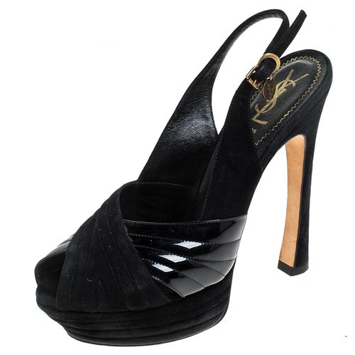 Saint Laurent Paris Black Criss Cross Suede and Patent Leather Slingback Platform Sandals Size 40 - Saint Laurent Paris - Modalova