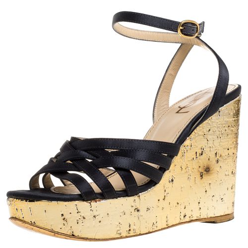 Yves Saint Laurent Paris Dark Grey/Gold Satin Strappy Ankle Strap Wedge Sandals Size 36 - Saint Laurent Paris - Modalova