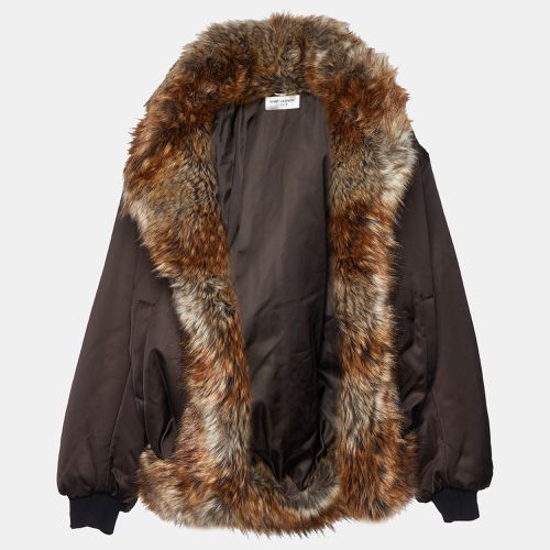 Saint Laurent Paris Brown Faux Fur Trim Satin Padded Bomber Jacket S - Saint Laurent Paris - Modalova