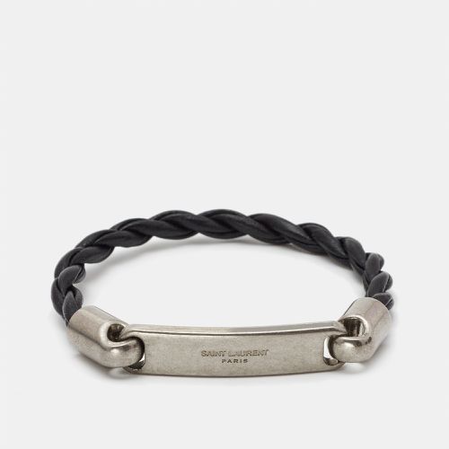 Saint Laurent Black Woven Leather Id Tag Silver Tone Bracelet - Saint Laurent Paris - Modalova