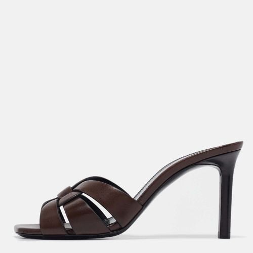 Saint Laurent Brown Leather Tribute Slide Sandals Size 36.5 - Saint Laurent Paris - Modalova