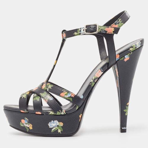 Saint Laurent Black Floral Print Leather Platform Sandals Size 37.5 - Saint Laurent Paris - Modalova