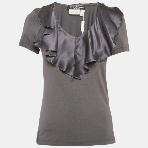 Salvatore Ferragamo Grey Knit & Silk Ruffle Neck Top L - Salvatore Ferragamo - Modalova