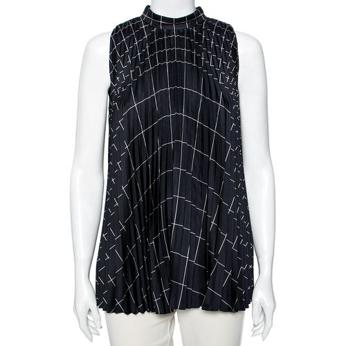 Salvatore Ferragamo Navy Blue Windowpane Printed Silk Pleated Top M - Salvatore Ferragamo - Modalova