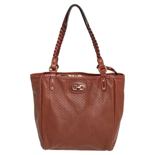 Salvatore Ferragamo Brown Perforated Leather Braided Handle Tote - Salvatore Ferragamo - Modalova