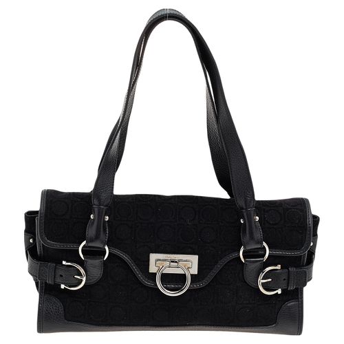 Salvatore Ferragamo Black Gancini Velvet And Leather Shoulder Bag - Salvatore Ferragamo - Modalova