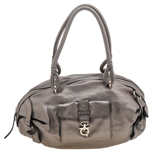 Salvatore Ferragamo Metallic Grey Leather Gancini Front Pocket Satchel - Salvatore Ferragamo - Modalova