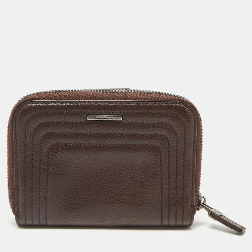 Salvatore Ferragamo Dark Brown Leather Zip Around Compact Wallet - Salvatore Ferragamo - Modalova