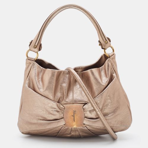 Salvatore Ferragamo Bronze Leather Pleated Bow Hobo - Salvatore Ferragamo - Modalova