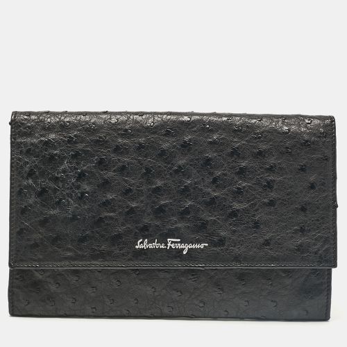 Salvatore Ferragamo Black Ostrich Leather Flap Slim Clutch - Salvatore Ferragamo - Modalova