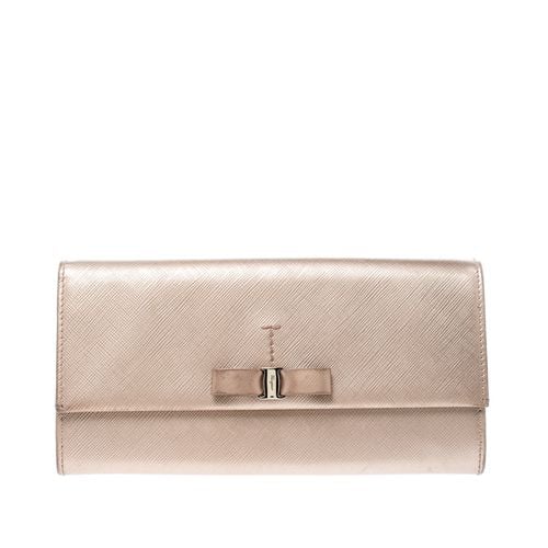 Salvatore Ferragamo Beige Metallic Leather Bow Continental Wallet - Salvatore Ferragamo - Modalova