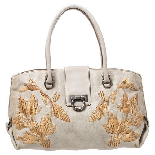 Salvatore Ferragamo Ivory Embroidered Leather Sofia Satchel - Salvatore Ferragamo - Modalova